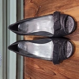 Stuart Weitzman silver sparkle kitten pumps with bow